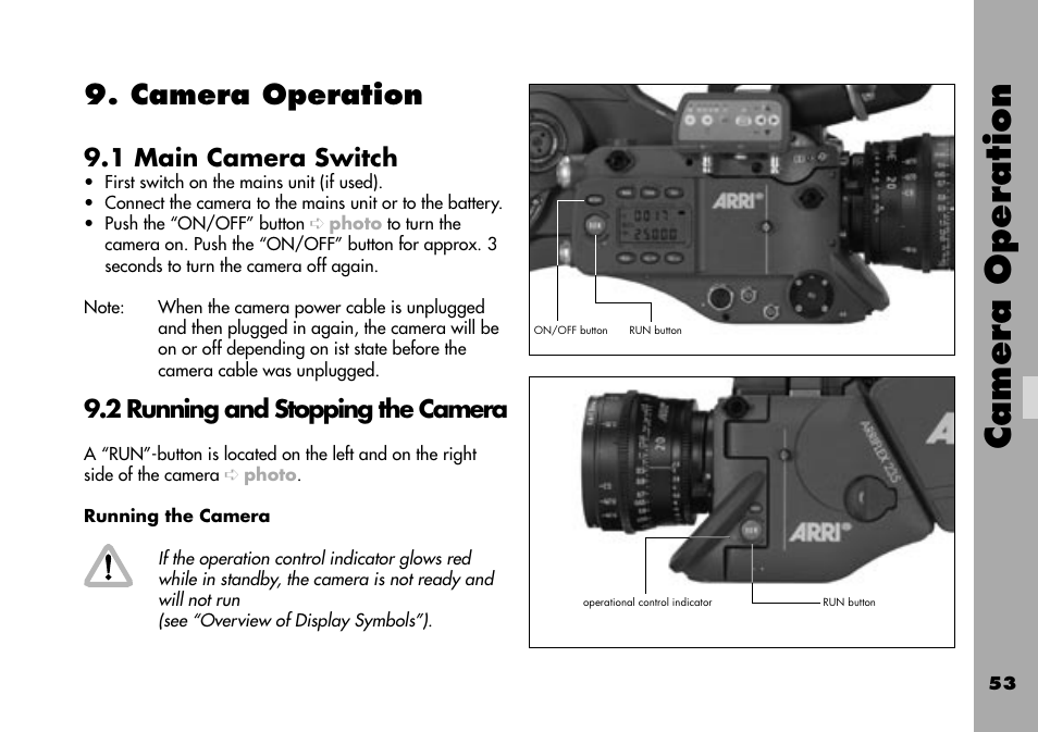 Camera operation, 1 main camera switch, 2 running and stopping the camera | Running the camera | ARRI ARRIFLEX 235 User Manual | Page 53 / 178