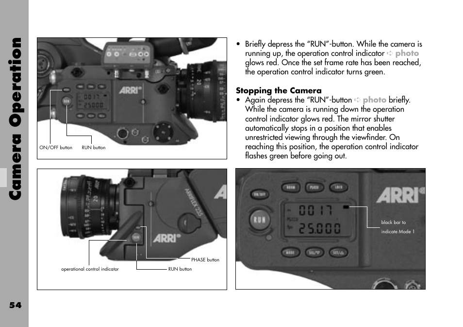 Stopping the camera, Camera operation | ARRI ARRIFLEX 235 User Manual | Page 54 / 178
