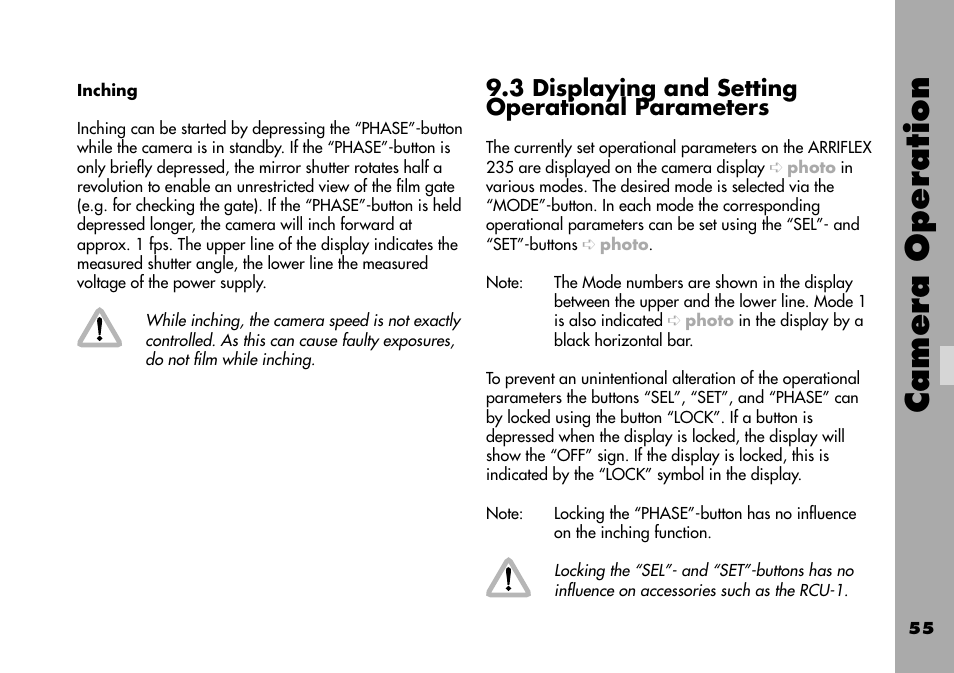 Inching, 3 displaying and settingoperational parameters, Camera operation | 3 displaying and setting operational parameters | ARRI ARRIFLEX 235 User Manual | Page 55 / 178