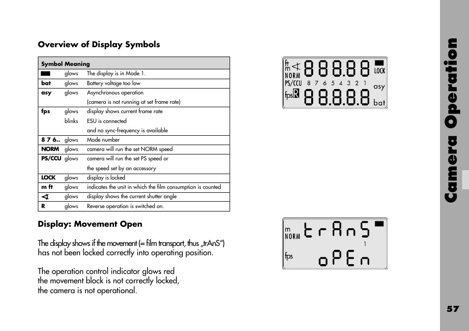 Overview of display symbols, Display: movement open, Camera operation | 57 overview of display symbols | ARRI ARRIFLEX 235 User Manual | Page 57 / 178
