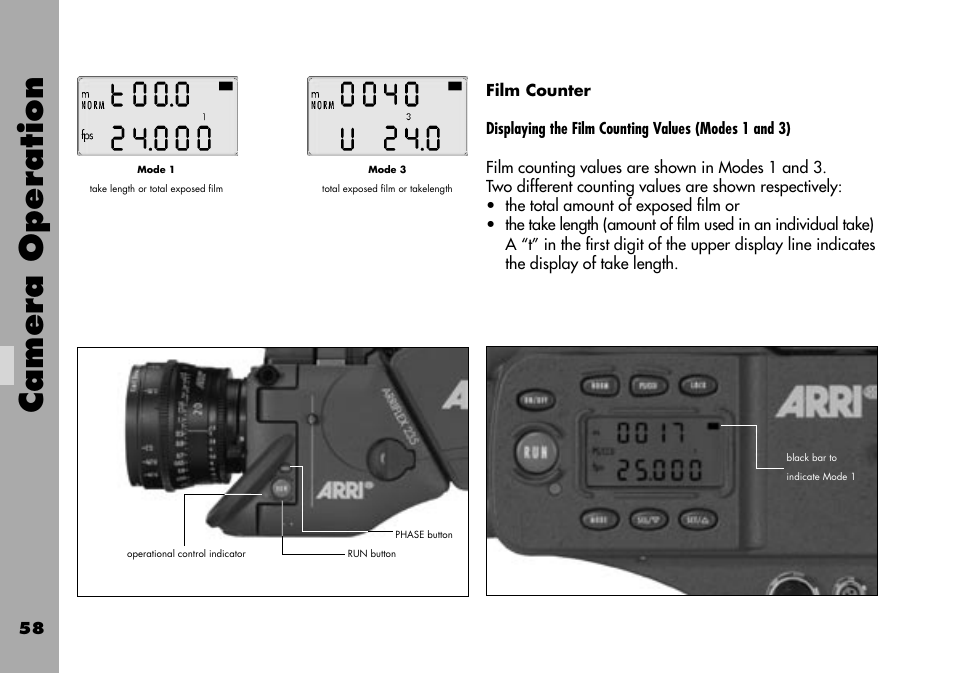 Film counter, Camera operation | ARRI ARRIFLEX 235 User Manual | Page 58 / 178