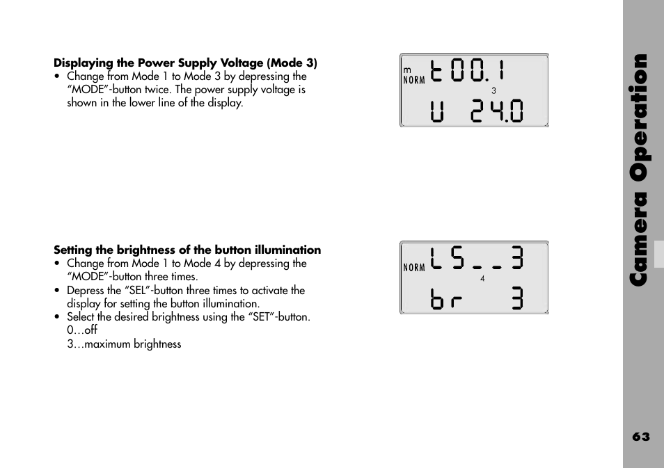 Displaying the power supply voltage (mode 3), Setting the brightness of the button illumination, Camera operation | ARRI ARRIFLEX 235 User Manual | Page 63 / 178