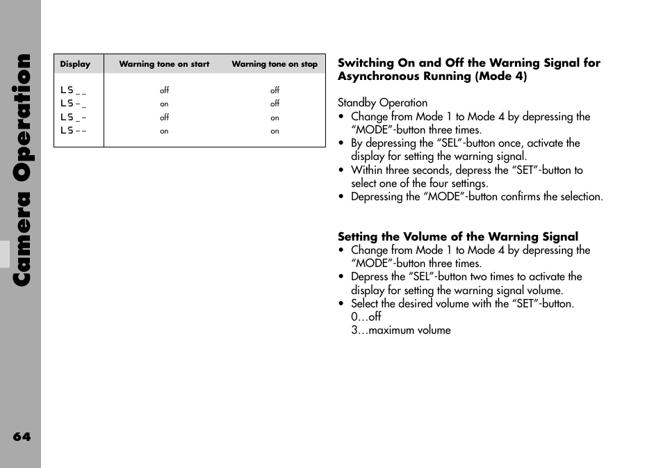 Switching on and off the warning signal for, Asynchronous running (mode 4), Setting the volume of the warning signal | Camera operation | ARRI ARRIFLEX 235 User Manual | Page 64 / 178