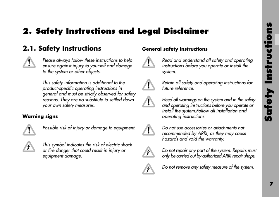 Safety instructions and legal disclaimer, Safety instructions, Warning signs | General safety instructions, Safety instr uctions | ARRI ARRIFLEX 235 User Manual | Page 7 / 178