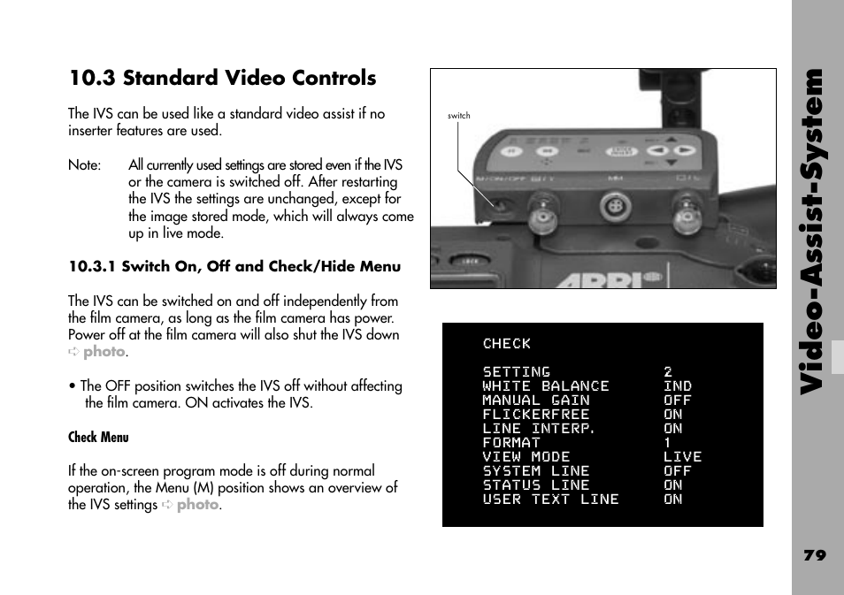 3 standard video controls, 1 switch on, off and check/hide menu, Video-assist-system | ARRI ARRIFLEX 235 User Manual | Page 79 / 178