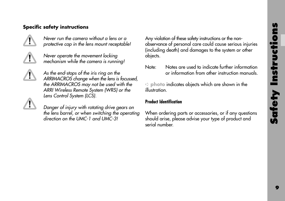 Speciﬁc safety instructions, Safety instr uctions | ARRI ARRIFLEX 235 User Manual | Page 9 / 178