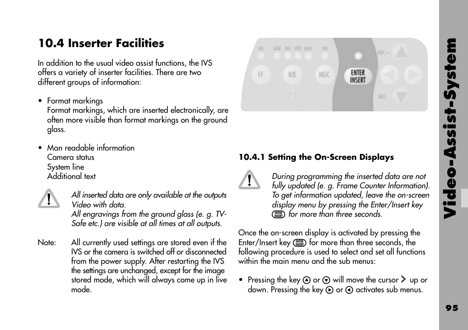 4 inserter facilities, 1 setting the on-screen displays, Video-assist-system | ARRI ARRIFLEX 235 User Manual | Page 95 / 178