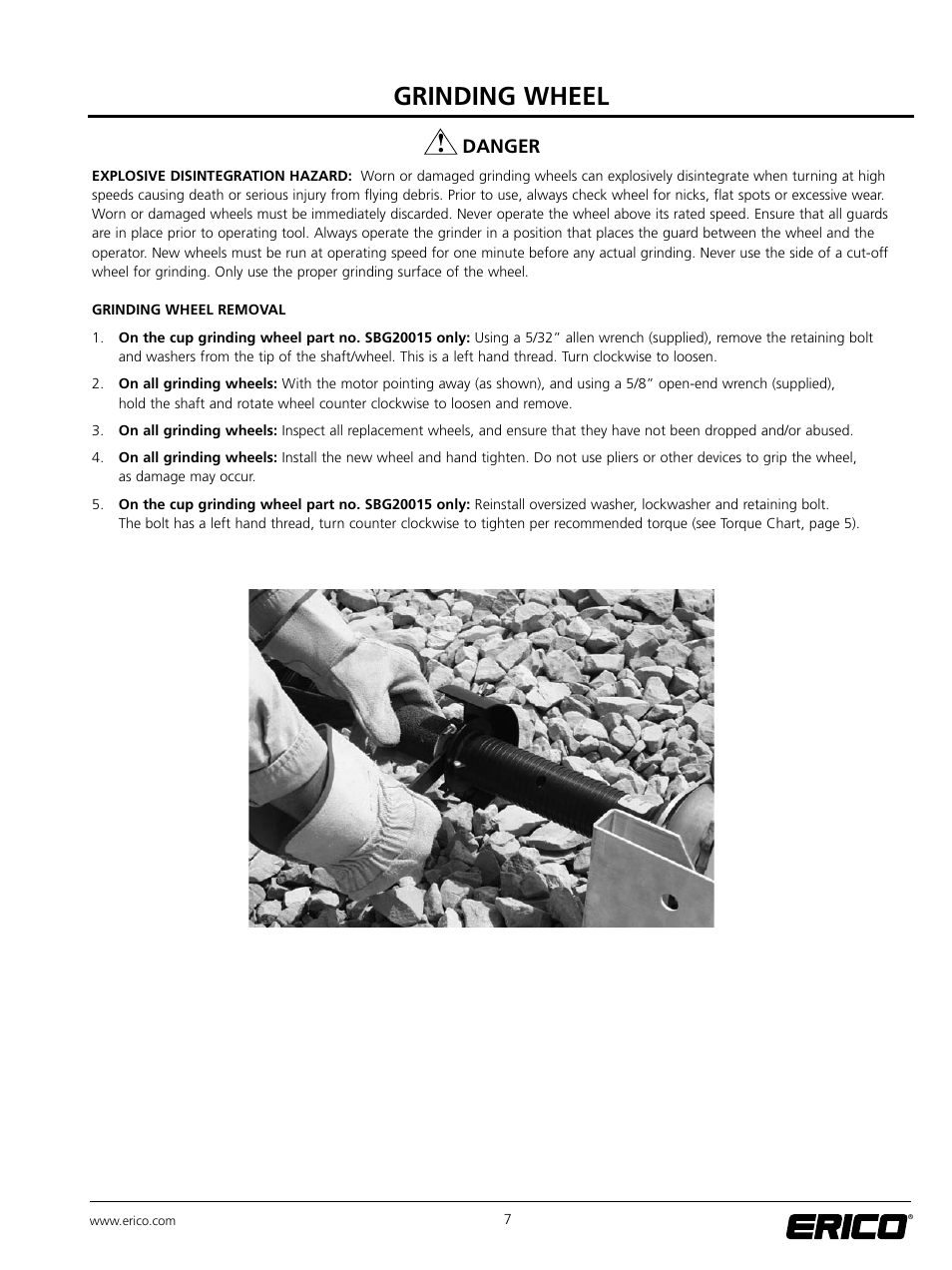 Grinding wheel, Danger | ERICO SBG200 ERICO RAIL GRINDER User Manual | Page 12 / 17