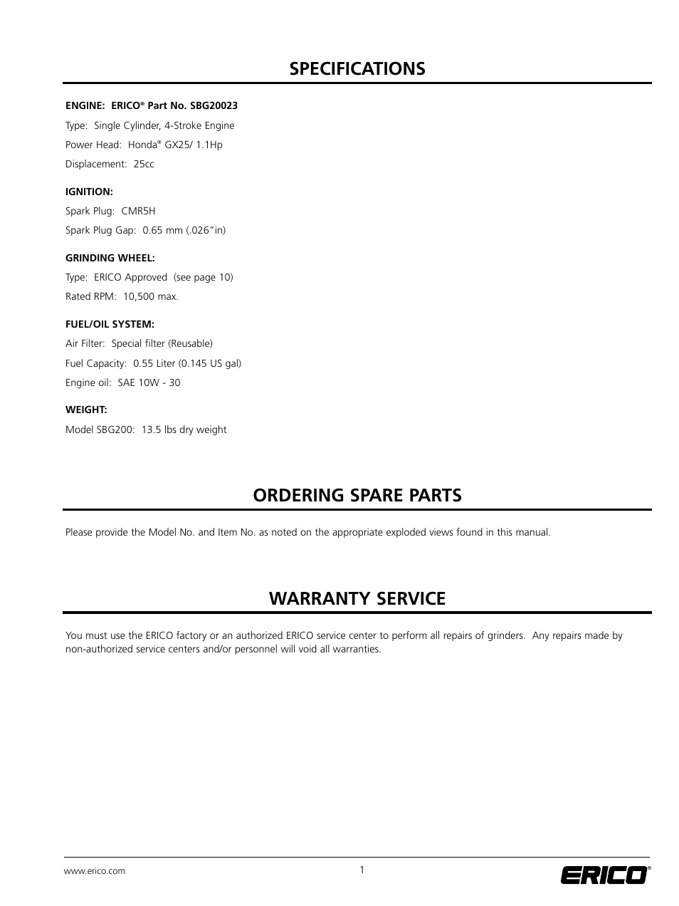 Specifications, Ordering spare parts, Warranty service | ERICO SBG200 ERICO RAIL GRINDER User Manual | Page 6 / 17