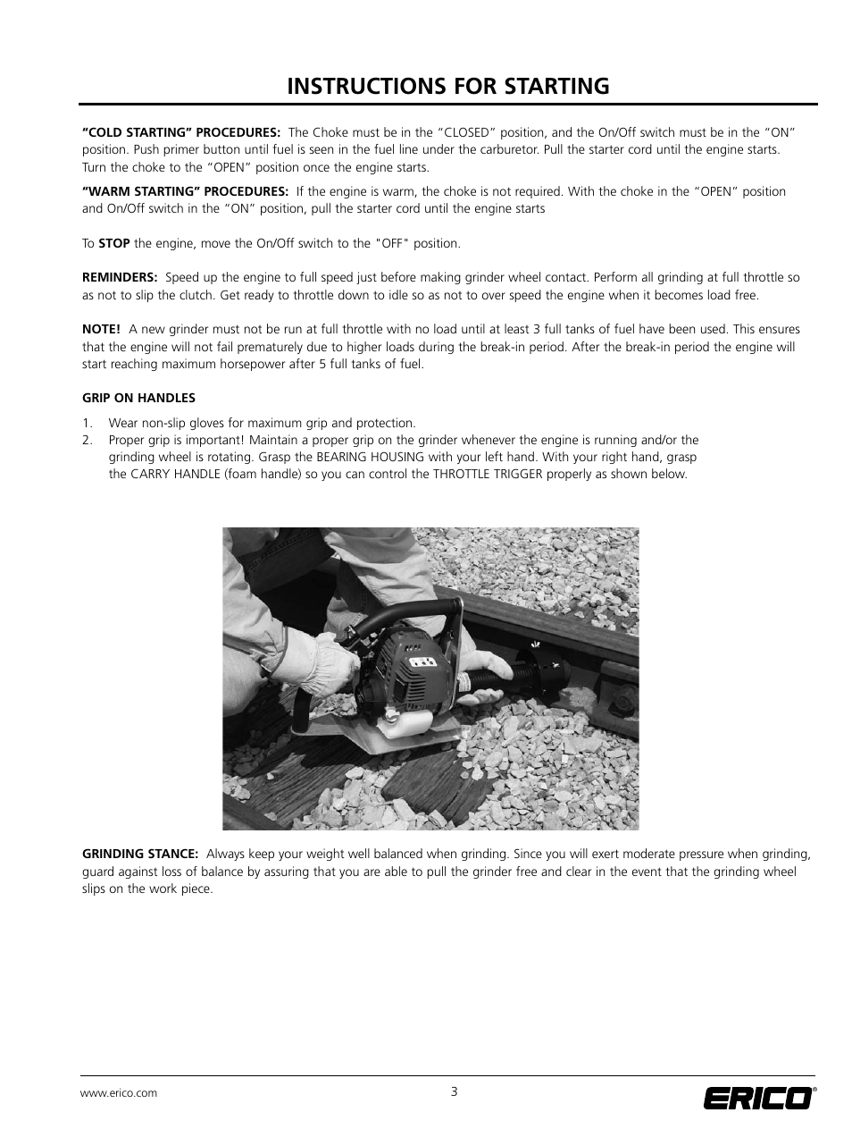 Instructions for starting | ERICO SBG200 ERICO RAIL GRINDER User Manual | Page 8 / 17