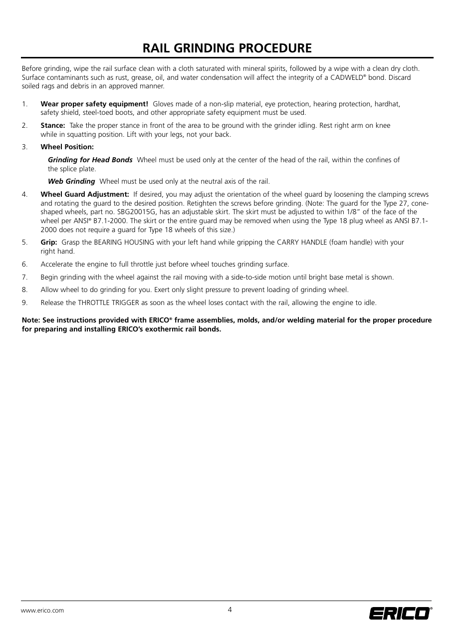 Rail grinding procedure | ERICO SBG200 ERICO RAIL GRINDER User Manual | Page 9 / 17