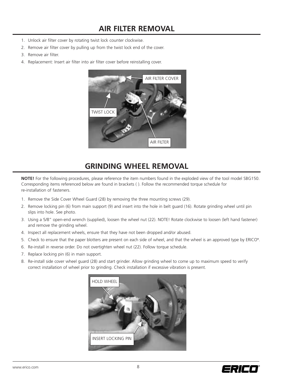 Air filter removal, Grinding wheel removal | ERICO SBG150 Rail Grinder User Manual | Page 14 / 20