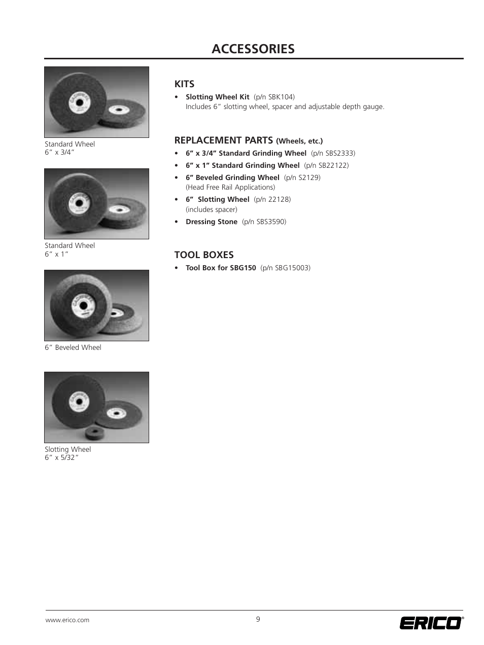 Accessories, Kits, Replacement parts | Tool boxes | ERICO SBG150 Rail Grinder User Manual | Page 15 / 20