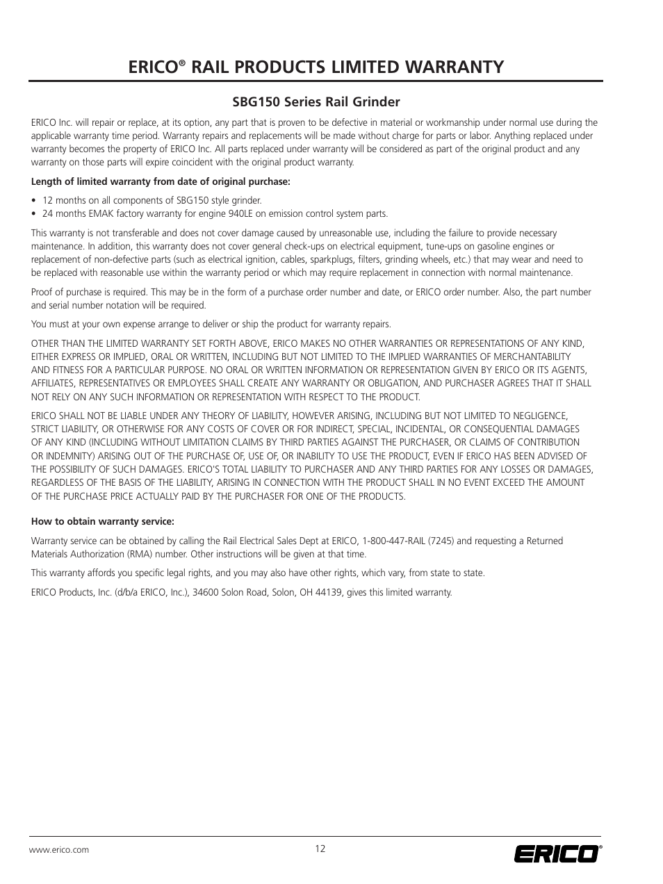 Erico, Rail products limited warranty, Sbg150 series rail grinder | ERICO SBG150 Rail Grinder User Manual | Page 18 / 20