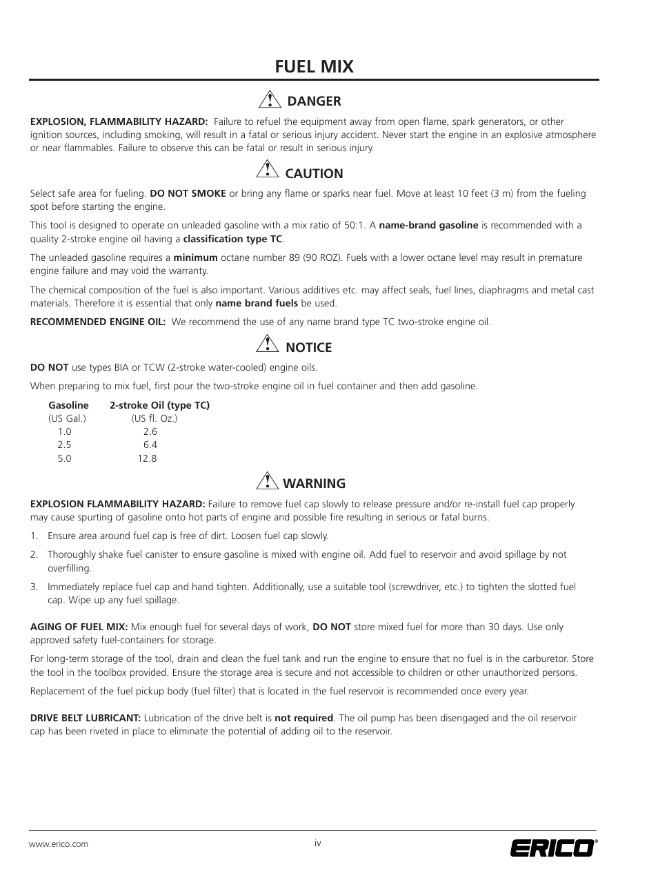 Fuel mix | ERICO SBG150 Rail Grinder User Manual | Page 6 / 20