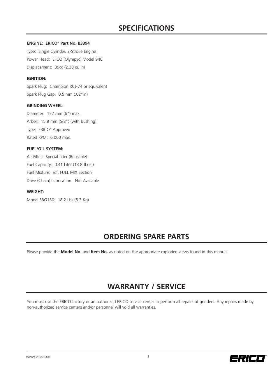 Specifications, Ordering spare parts, Warranty / service | ERICO SBG150 Rail Grinder User Manual | Page 7 / 20