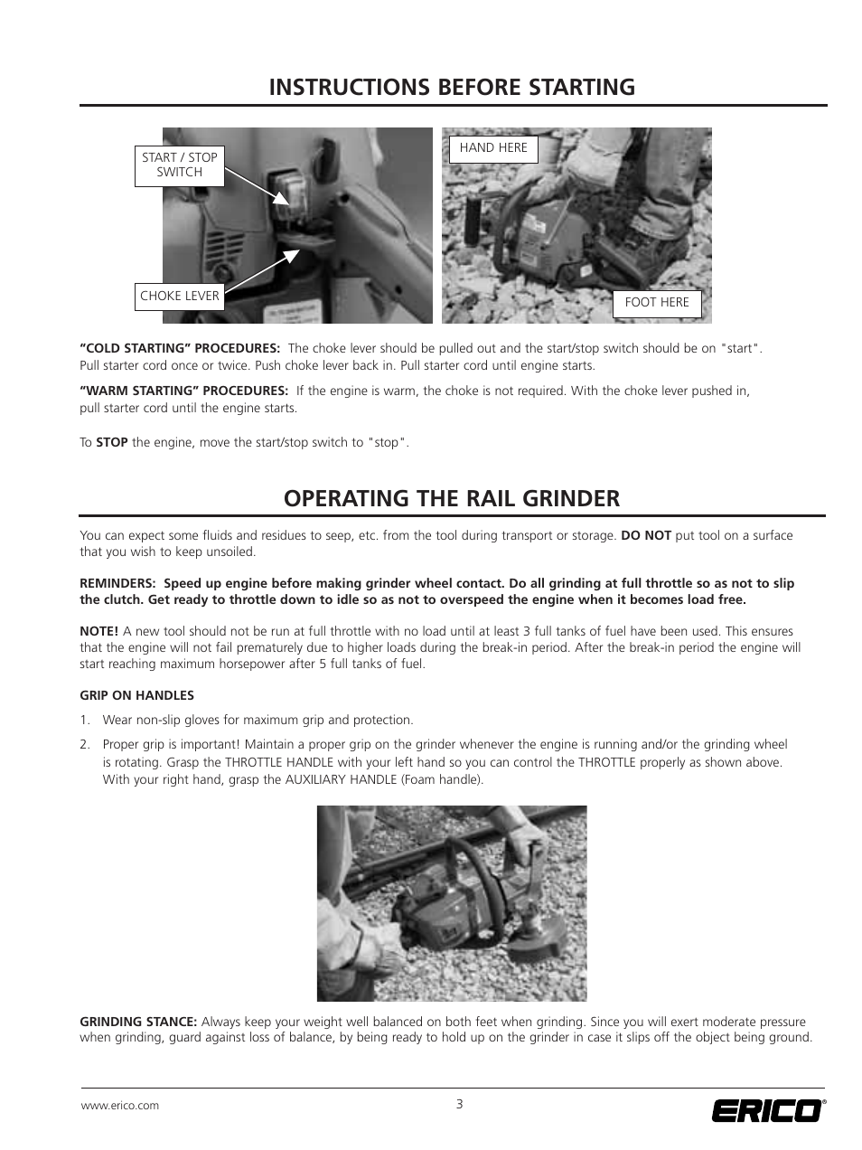 Instructions before starting, Operating the rail grinder | ERICO SBG150 Rail Grinder User Manual | Page 9 / 20
