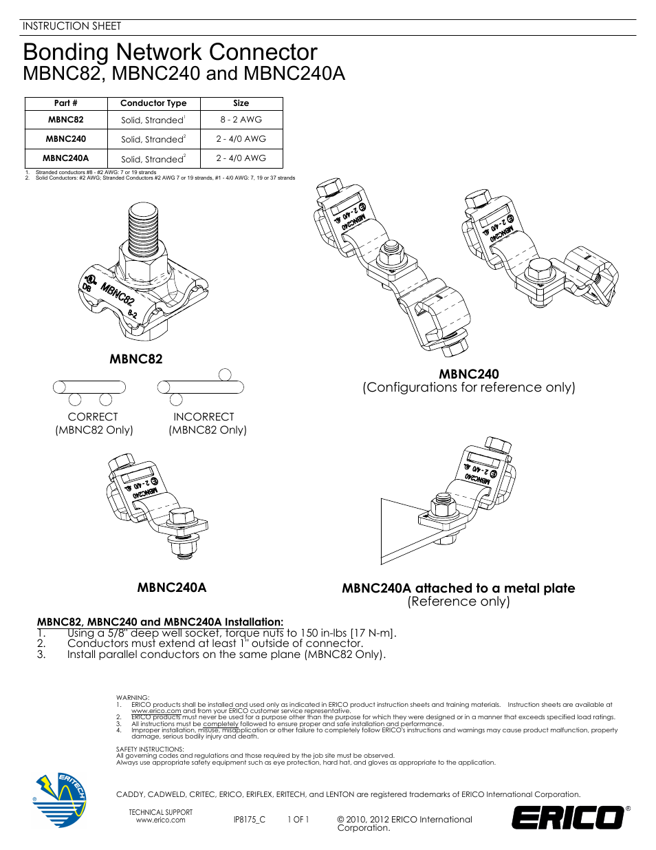 ERICO MBNC240A Bonding Network Connector User Manual | 1 page