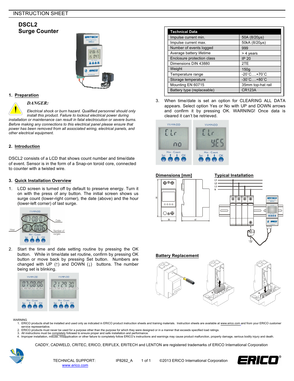 ERICO DSCL2 Surge Counter User Manual | 1 page