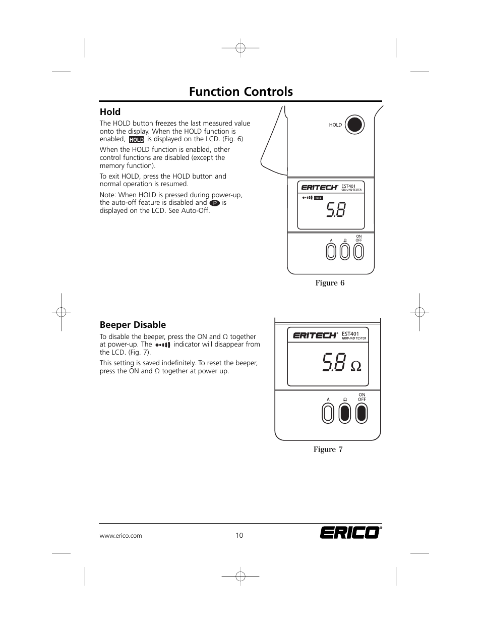Function controls | ERICO EST401 ERITECH Clamp-on Ground Resistance Tester User Manual | Page 12 / 28