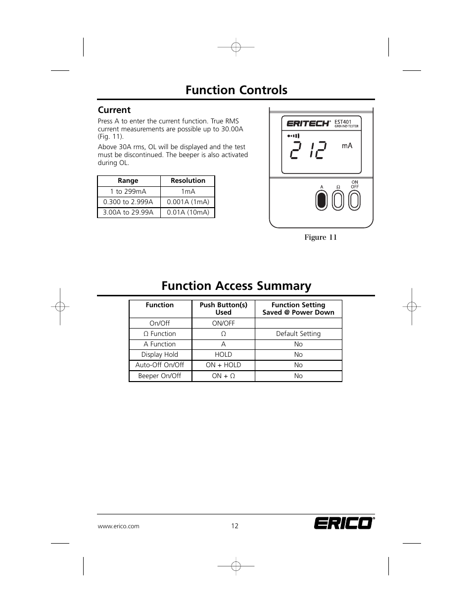 Function controls, Function access summary, Current | ERICO EST401 ERITECH Clamp-on Ground Resistance Tester User Manual | Page 14 / 28