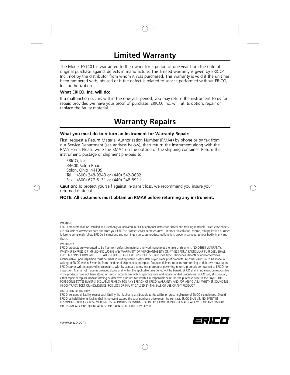 Limited warranty, Warranty repairs | ERICO EST401 ERITECH Clamp-on Ground Resistance Tester User Manual | Page 2 / 28