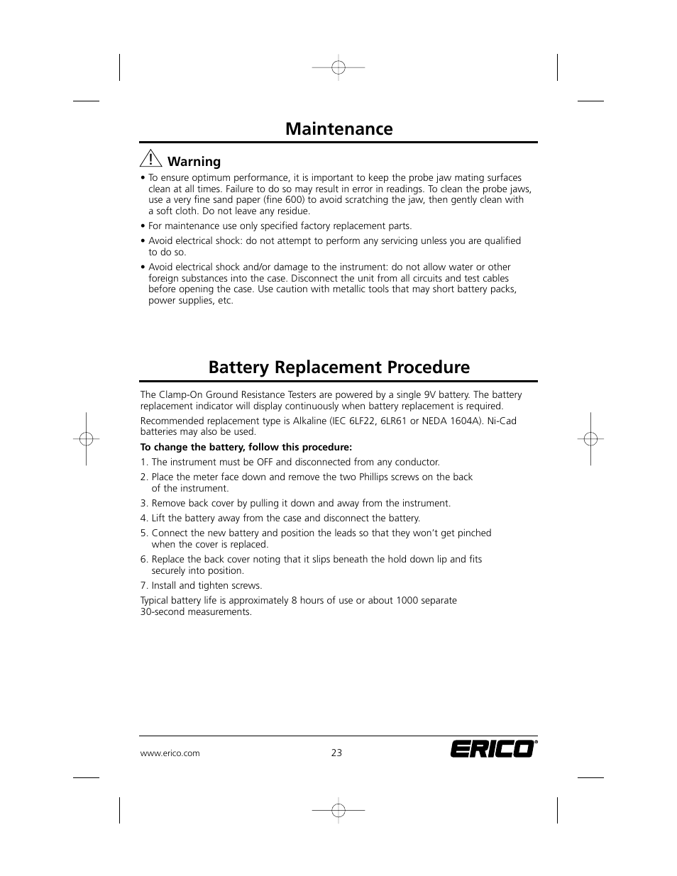 Maintenance, Battery replacement procedure | ERICO EST401 ERITECH Clamp-on Ground Resistance Tester User Manual | Page 25 / 28