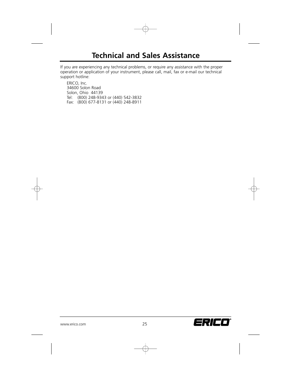 Technical and sales assistance | ERICO EST401 ERITECH Clamp-on Ground Resistance Tester User Manual | Page 27 / 28