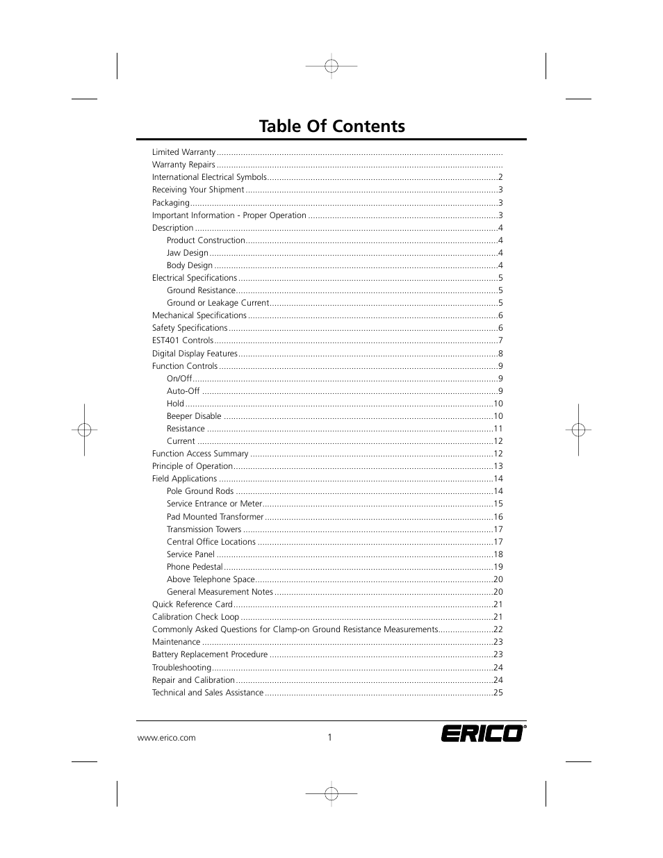 ERICO EST401 ERITECH Clamp-on Ground Resistance Tester User Manual | Page 3 / 28