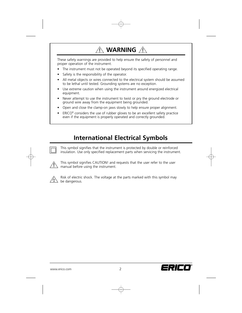 Warning, International electrical symbols | ERICO EST401 ERITECH Clamp-on Ground Resistance Tester User Manual | Page 4 / 28