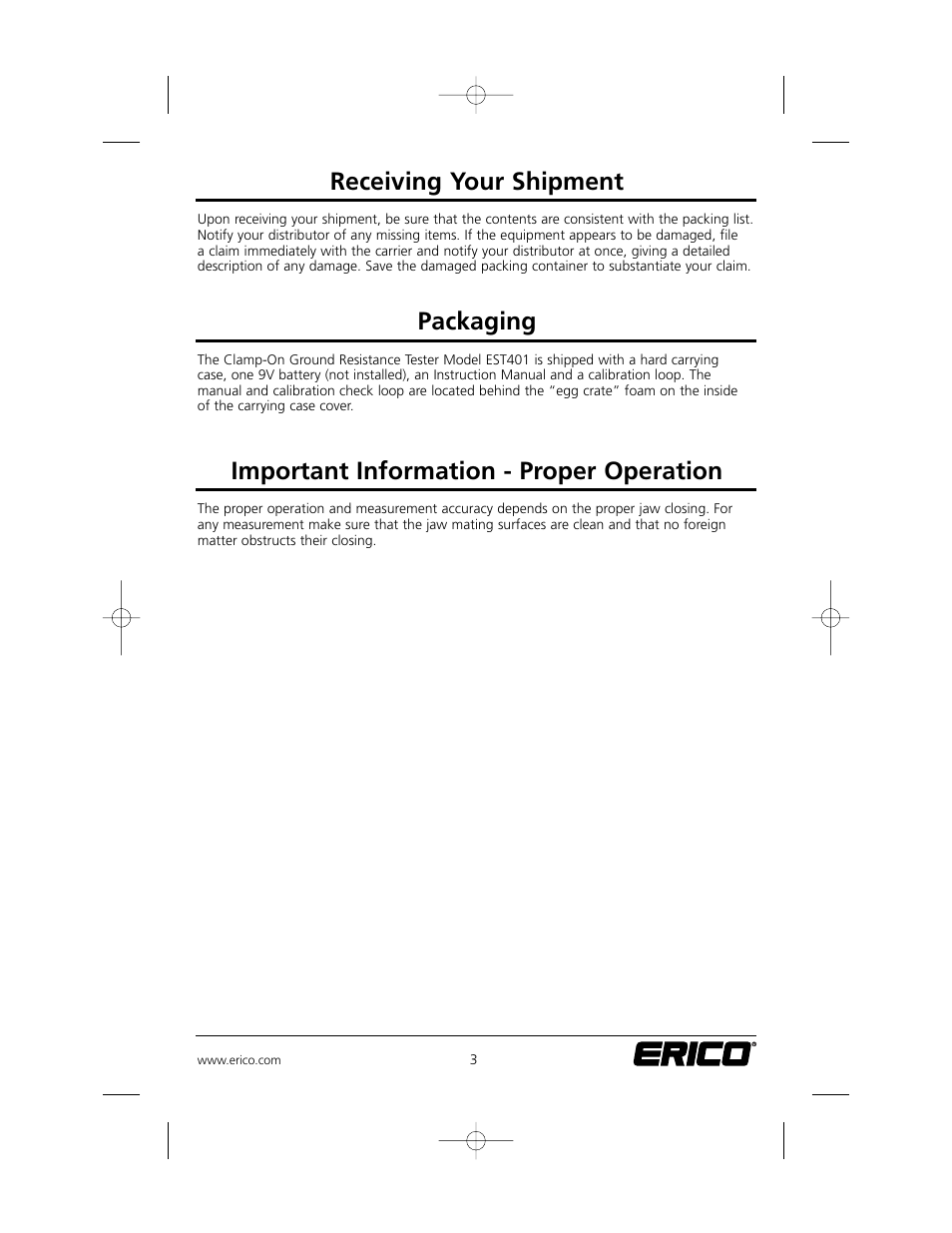Receiving your shipment, Packaging, Important information - proper operation | ERICO EST401 ERITECH Clamp-on Ground Resistance Tester User Manual | Page 5 / 28