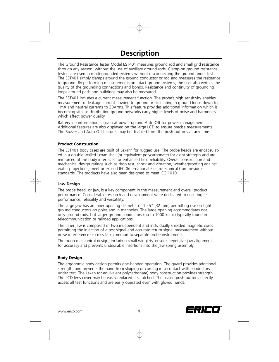 Description | ERICO EST401 ERITECH Clamp-on Ground Resistance Tester User Manual | Page 6 / 28