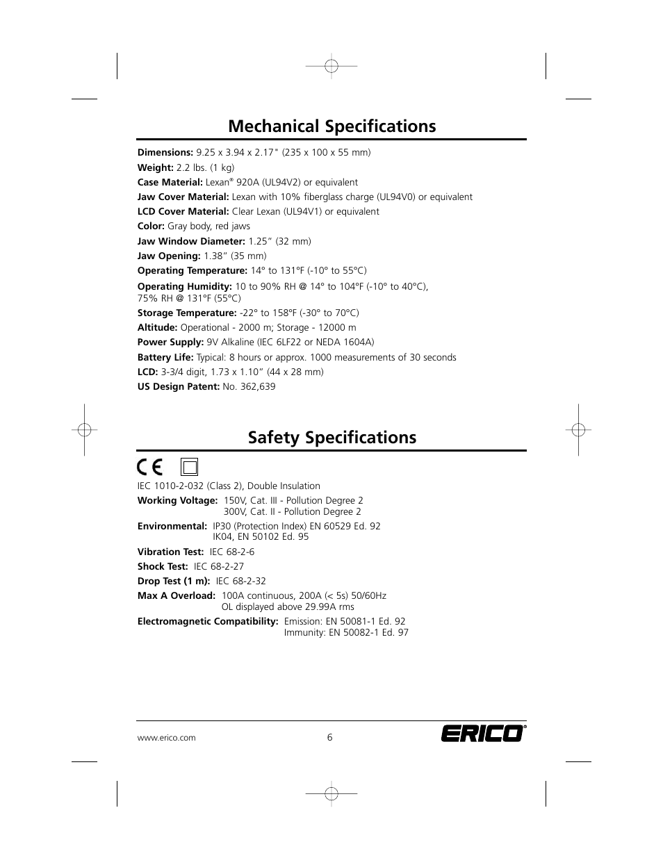 Mechanical specifications, Safety specifications | ERICO EST401 ERITECH Clamp-on Ground Resistance Tester User Manual | Page 8 / 28
