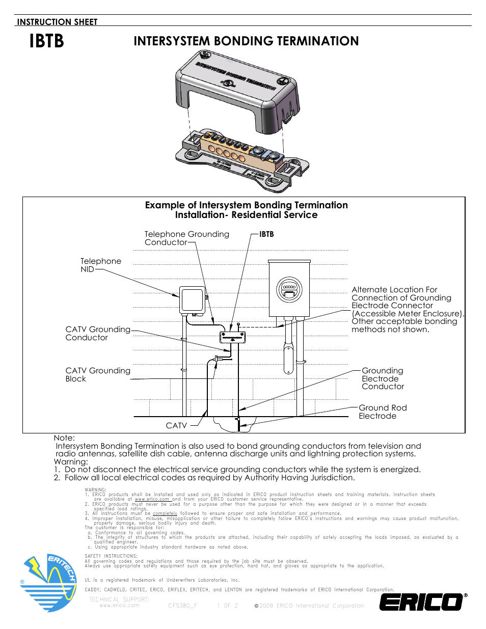 ERICO ERITECH IBTB Intersystem Bonding Termination User Manual | 2 pages