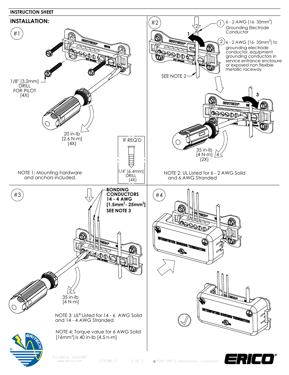 Installation | ERICO ERITECH IBTB Intersystem Bonding Termination User Manual | Page 2 / 2