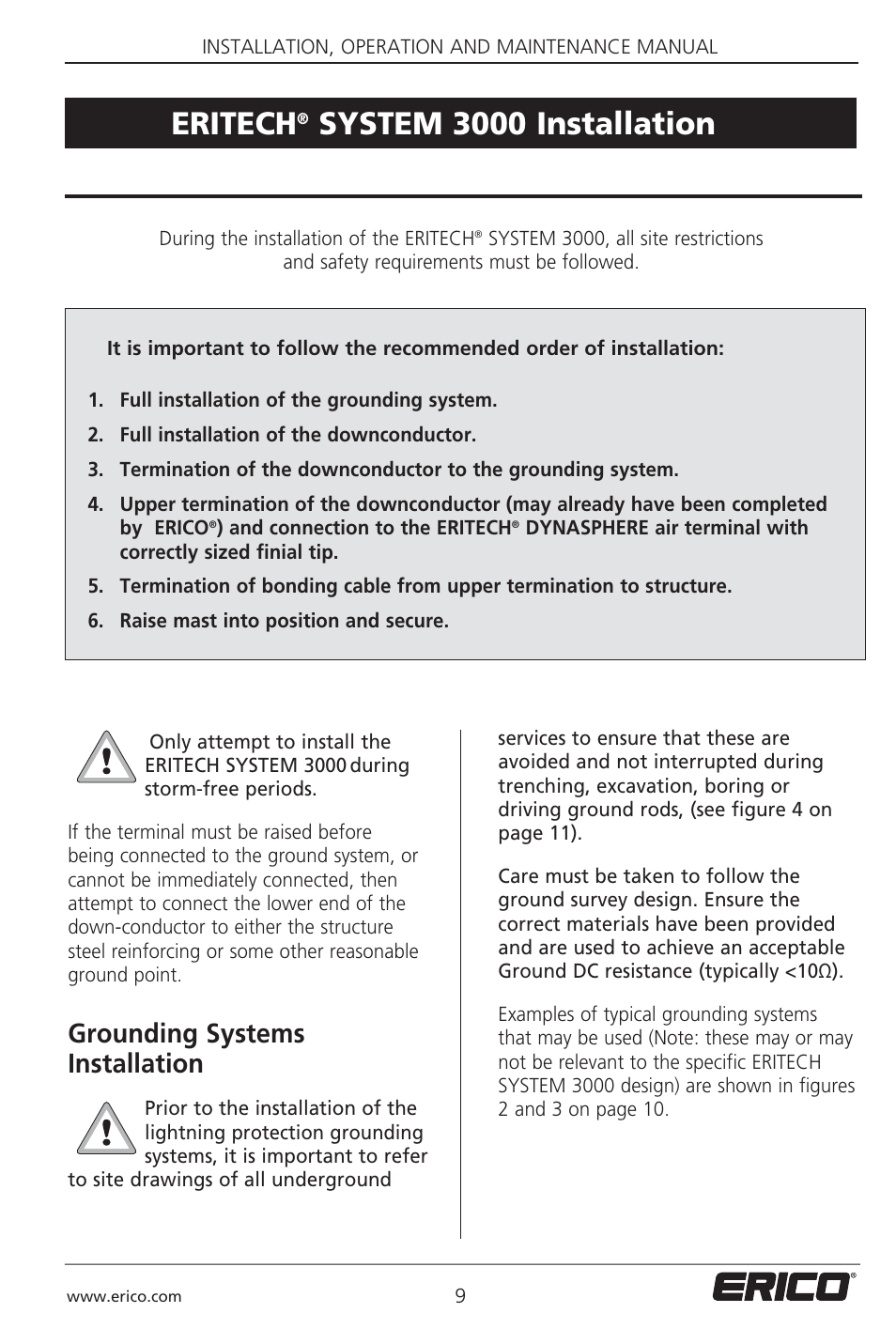 Eritech, System 3000 installation, Grounding systems installation | ERICO 3000 ERITECH SYSTEM User Manual | Page 11 / 68