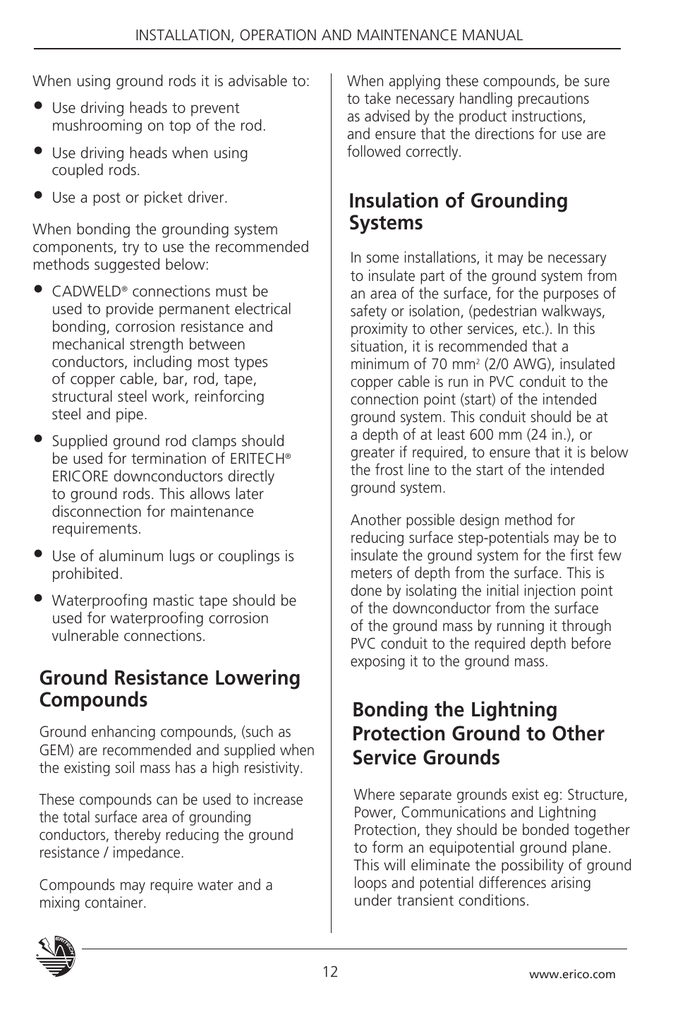 Ground resistance lowering compounds, Insulation of grounding systems | ERICO 3000 ERITECH SYSTEM User Manual | Page 14 / 68
