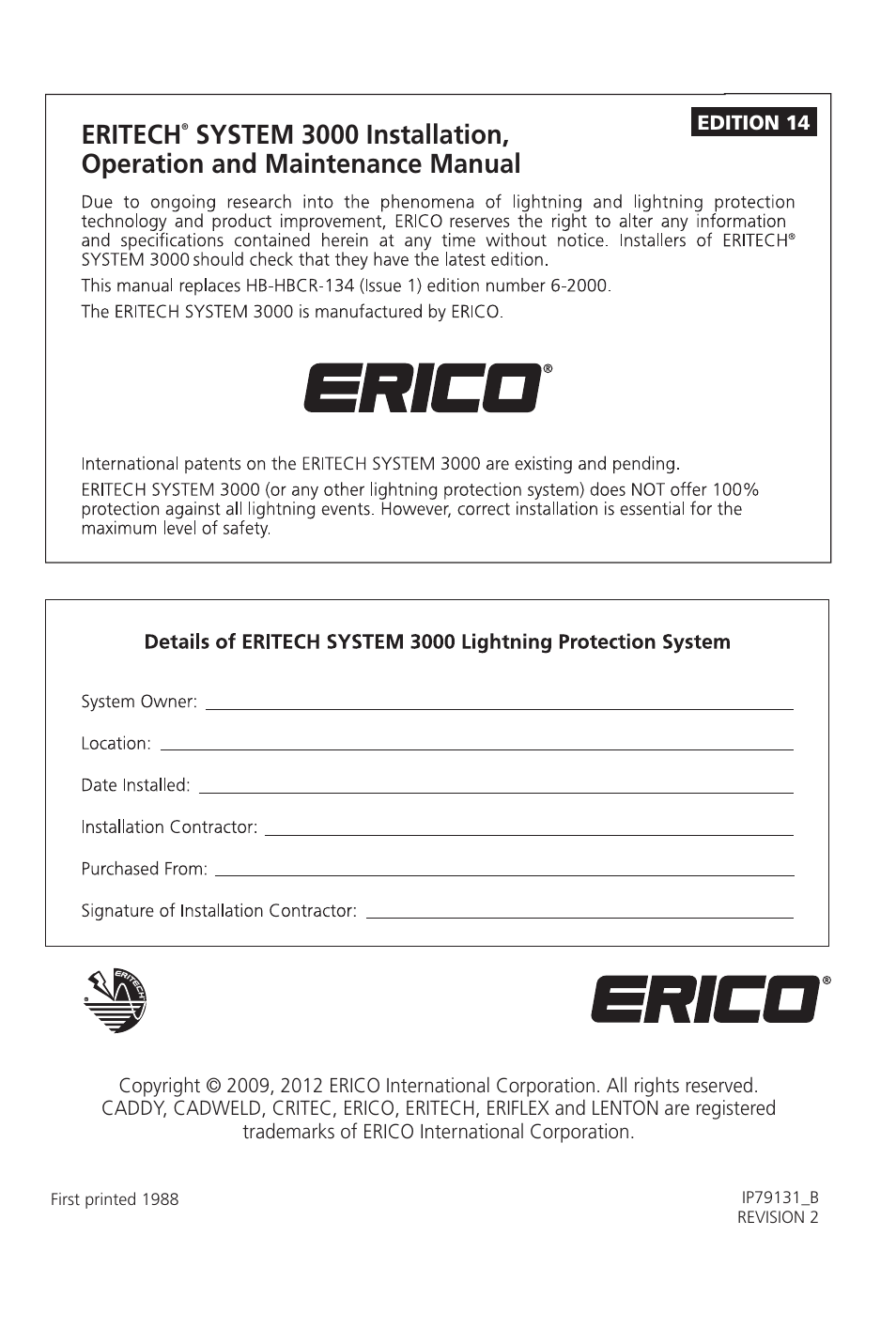 Eritech | ERICO 3000 ERITECH SYSTEM User Manual | Page 2 / 68