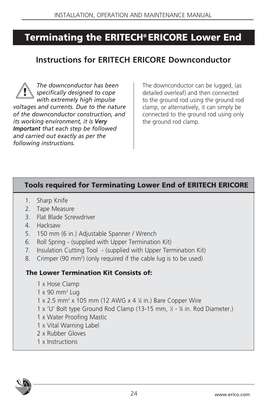 Terminating the eritech, Ericore lower end, Instructions for eritech ericore downconductor | ERICO 3000 ERITECH SYSTEM User Manual | Page 26 / 68