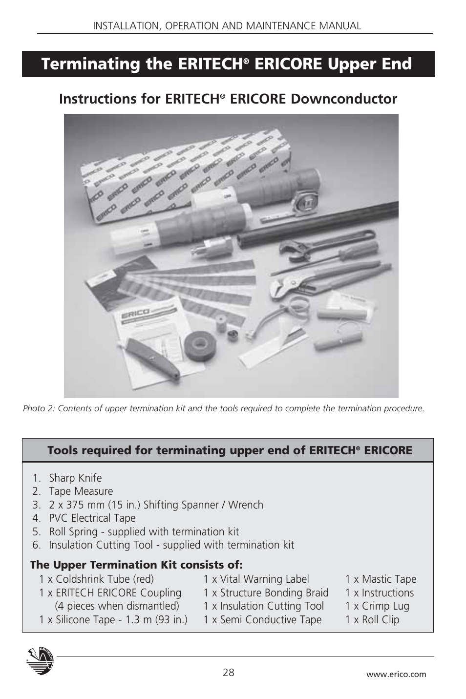 Terminating the eritech, Ericore upper end, Instructions for eritech | Ericore downconductor | ERICO 3000 ERITECH SYSTEM User Manual | Page 30 / 68