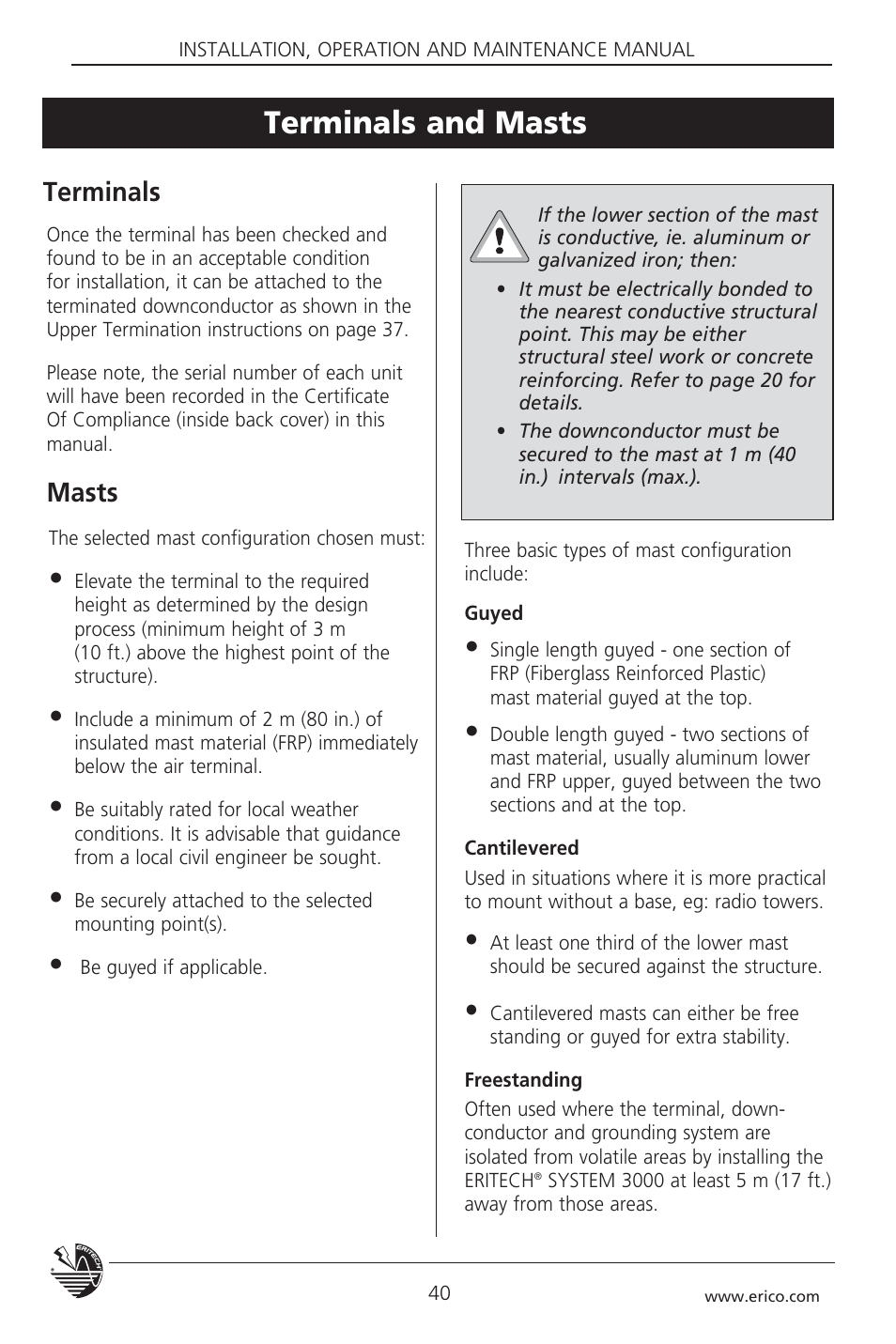 Terminals and masts, Masts, Terminals | ERICO 3000 ERITECH SYSTEM User Manual | Page 42 / 68