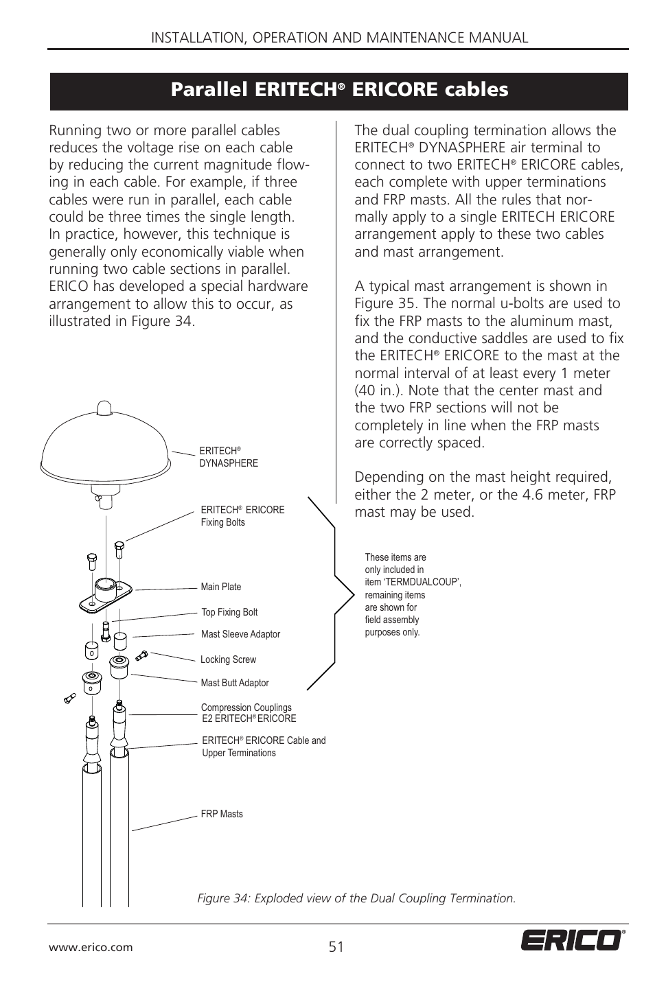 Parallel eritech, Ericore cables, Installation, operation and maintenance manual 51 | The dual coupling termination allows the eritech, Dynasphere air terminal to connect to two eritech | ERICO 3000 ERITECH SYSTEM User Manual | Page 53 / 68