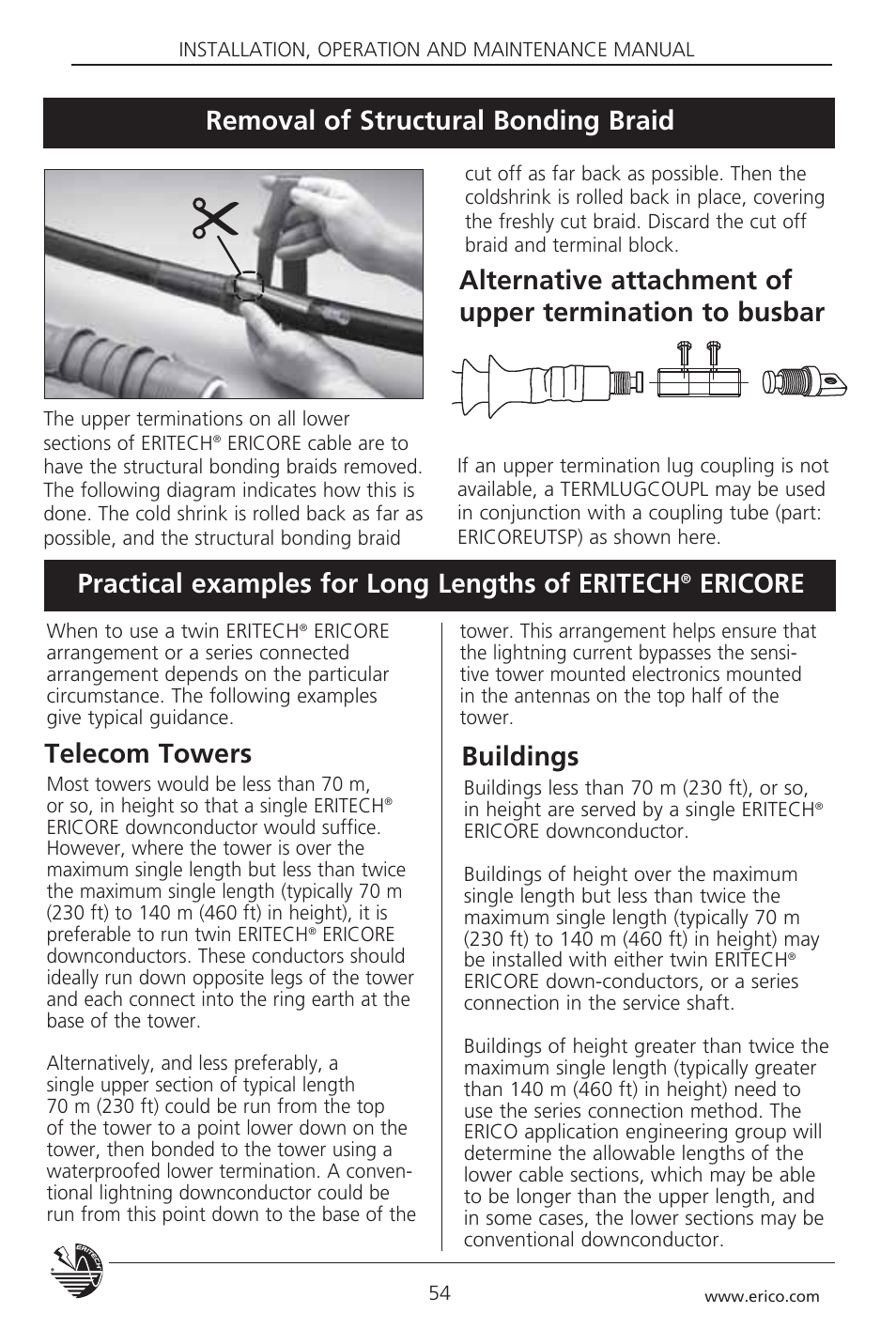 Buildings, Practical examples for long lengths of eritech, Ericore removal of structural bonding braid | ERICO 3000 ERITECH SYSTEM User Manual | Page 56 / 68