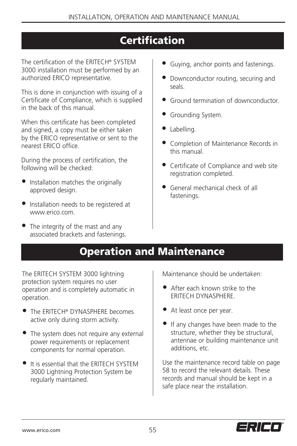 Certification operation and maintenance | ERICO 3000 ERITECH SYSTEM User Manual | Page 57 / 68
