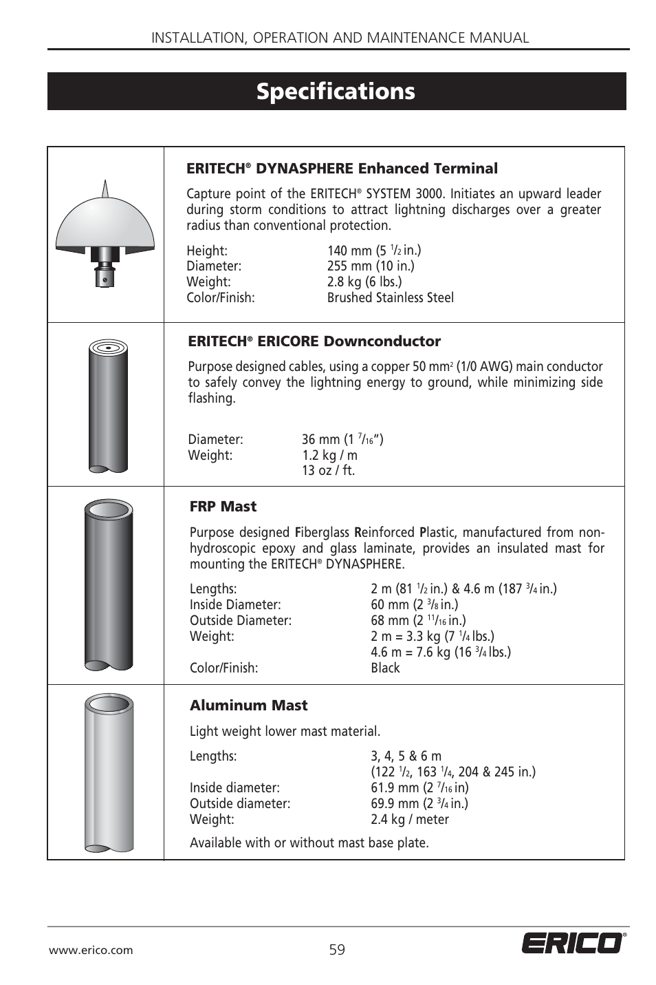 Specifications | ERICO 3000 ERITECH SYSTEM User Manual | Page 61 / 68
