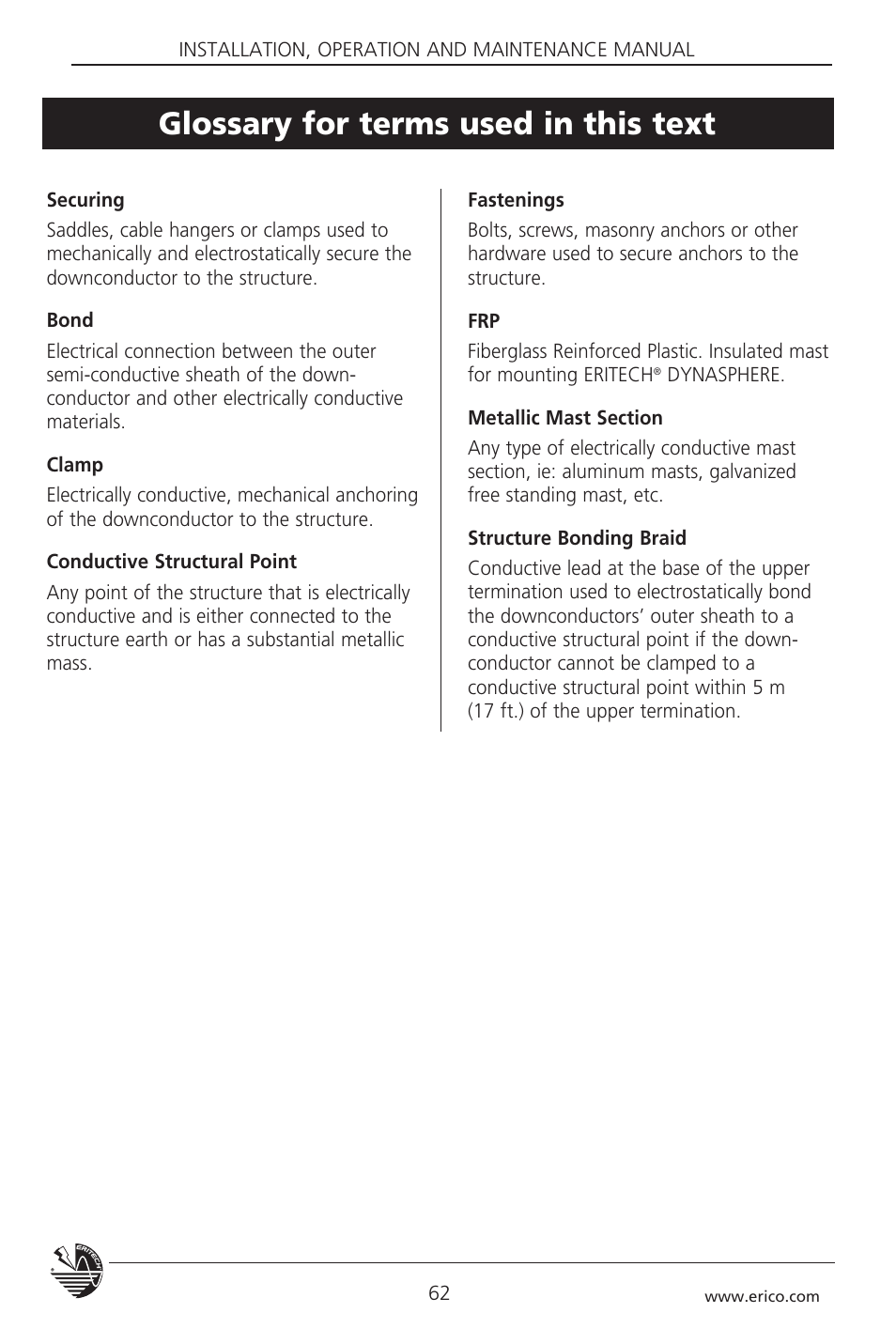 Glossary for terms used in this text | ERICO 3000 ERITECH SYSTEM User Manual | Page 64 / 68