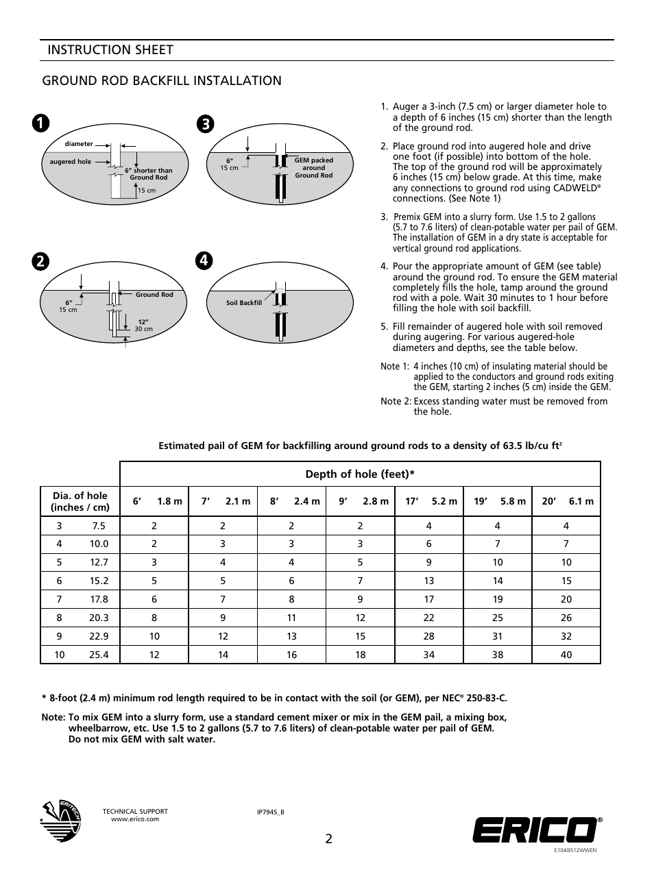 Ground rod backfill installation, Instruction sheet 2 | ERICO GEM User Manual | Page 2 / 2