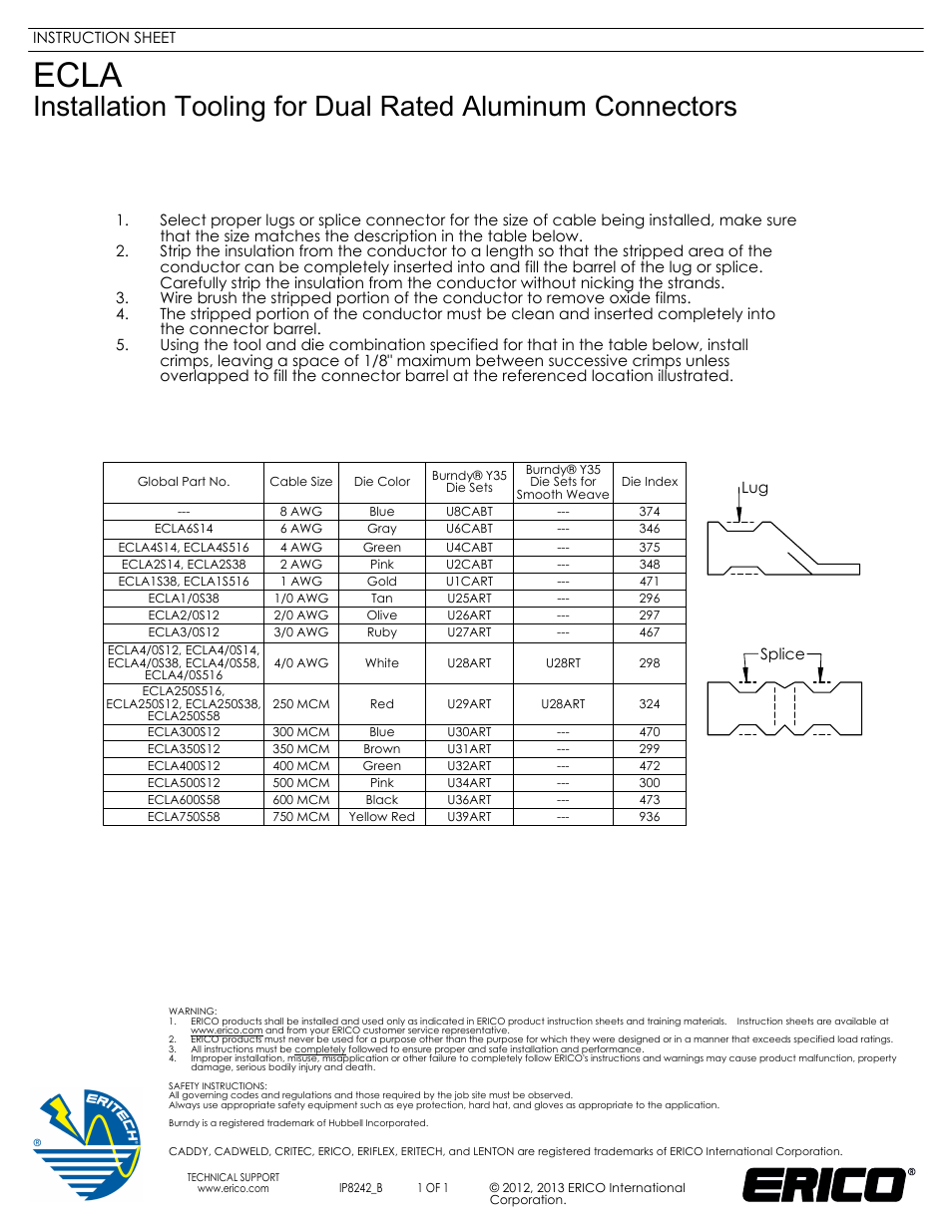ERICO IP8242 ECLA Installation Tooling for Dual Rated Aluminum Connectors User Manual | 1 page