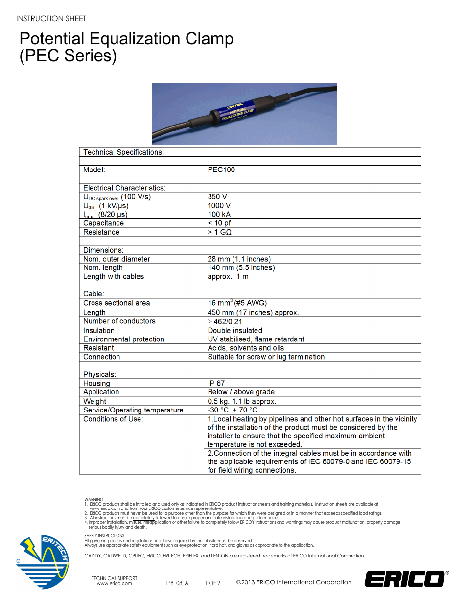 ERICO PEC Series Potential Equalization Clamp User Manual | 2 pages
