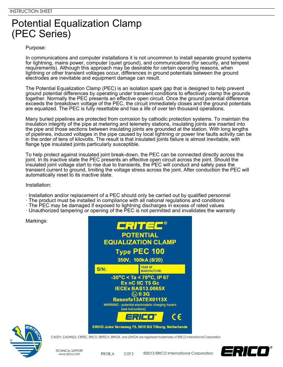 Sheet2, Potential equalization clamp (pec series) | ERICO PEC Series Potential Equalization Clamp User Manual | Page 2 / 2